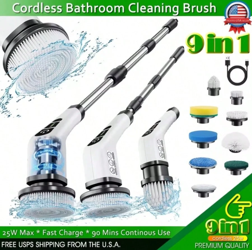 Electric Spin Scrubber with 9 Brush Heads, 2 Speeds & Extendable Handle