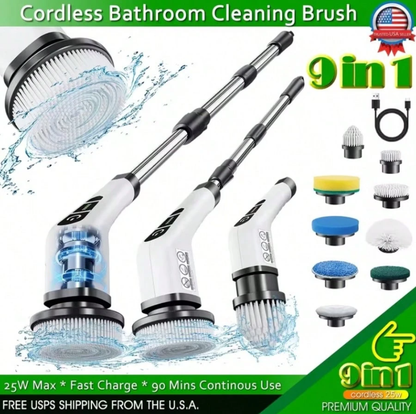 Electric Spin Scrubber with 9 Brush Heads, 2 Speeds & Extendable Handle